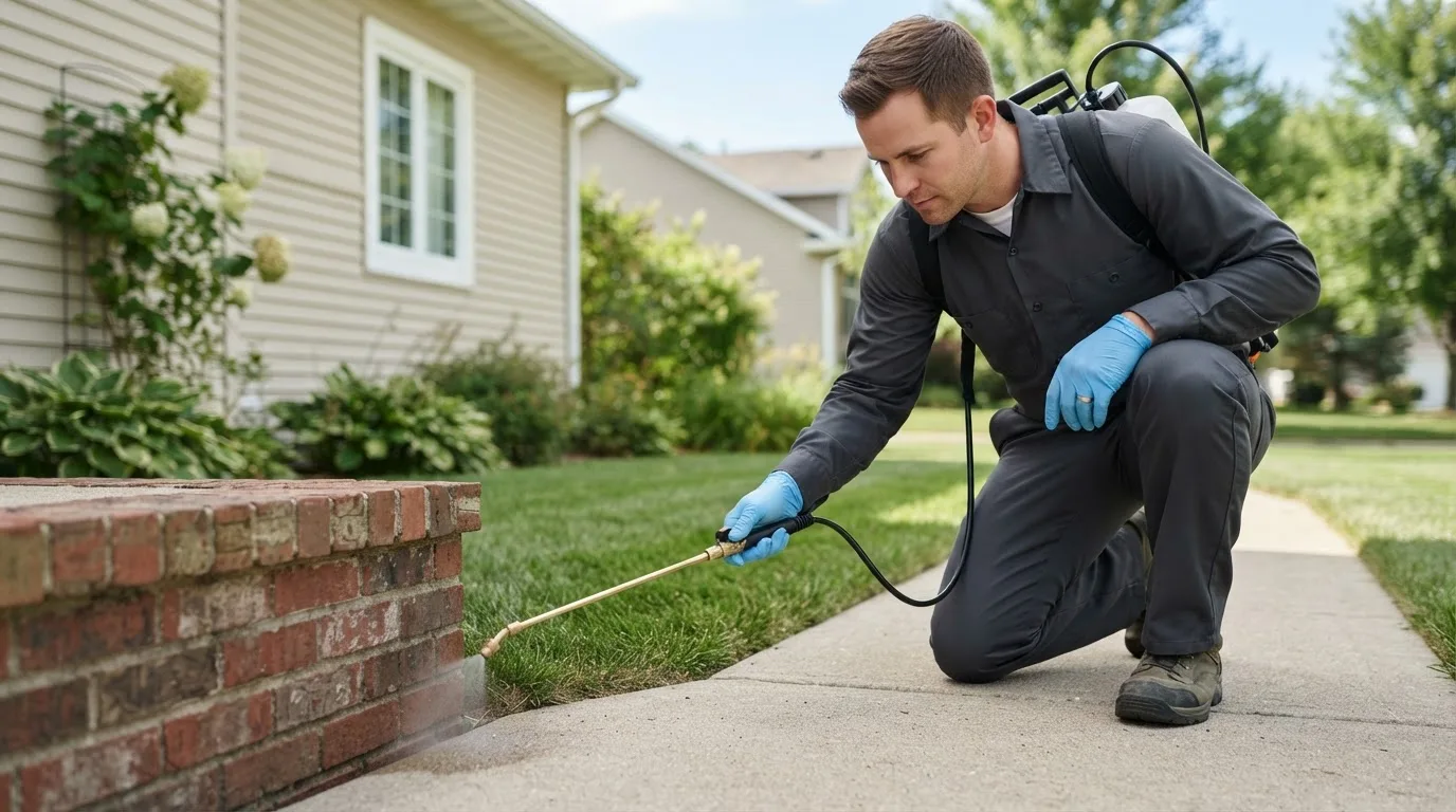 Pest control technician treating a home near Mount Wolf, PA